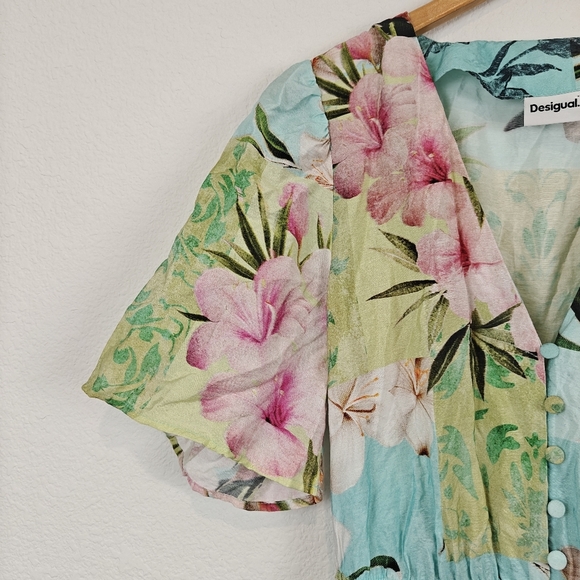 Desigual Nwot Cherry blossom midi Button Up dress Multi Floral Print Size XS - Picture 10 of 16